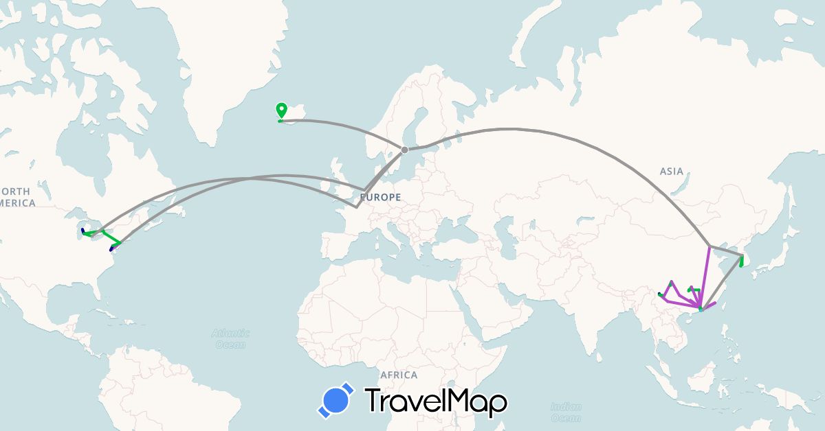 TravelMap itinerary: driving, bus, plane, train, hiking, boat in Canada, China, Finland, France, Hong Kong, Iceland, South Korea, Macau, Netherlands, Sweden, United States (Asia, Europe, North America)